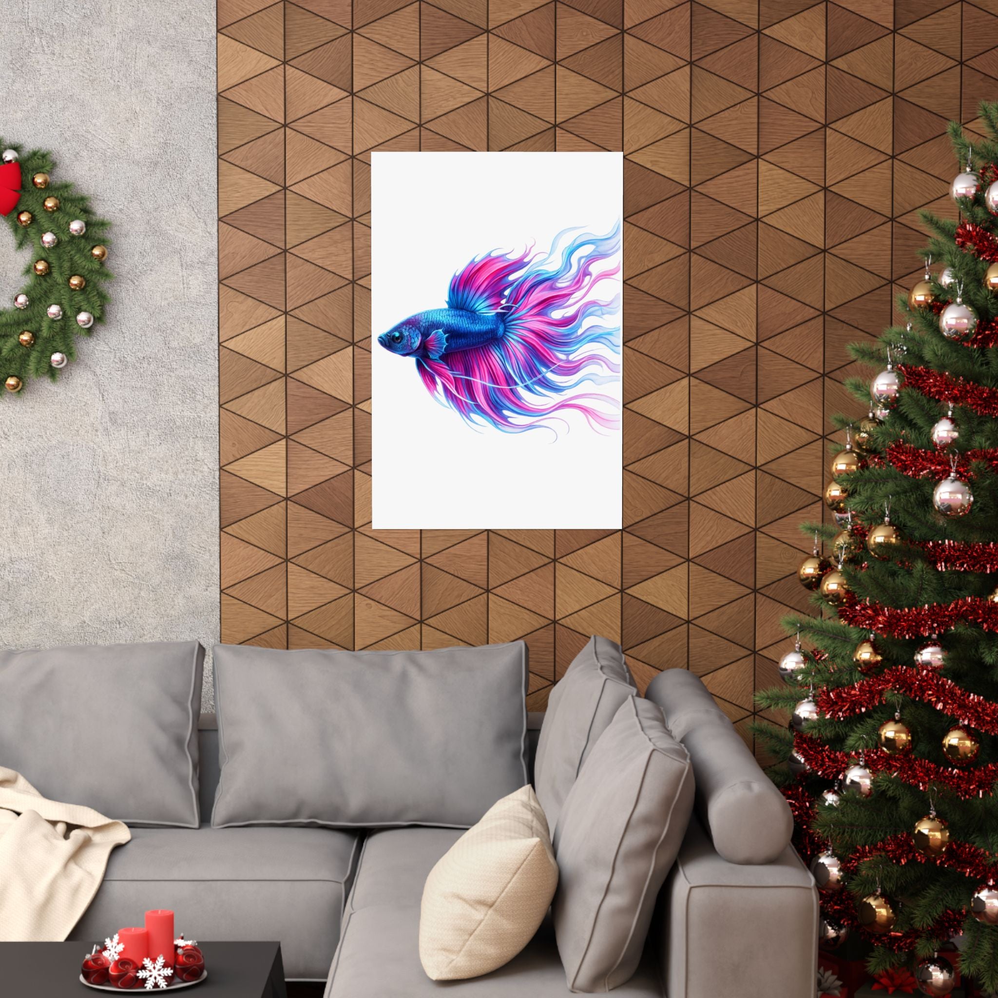 Betta Fish Art Poster — Colorful Blue & Pink Matte Vertical Wall Print