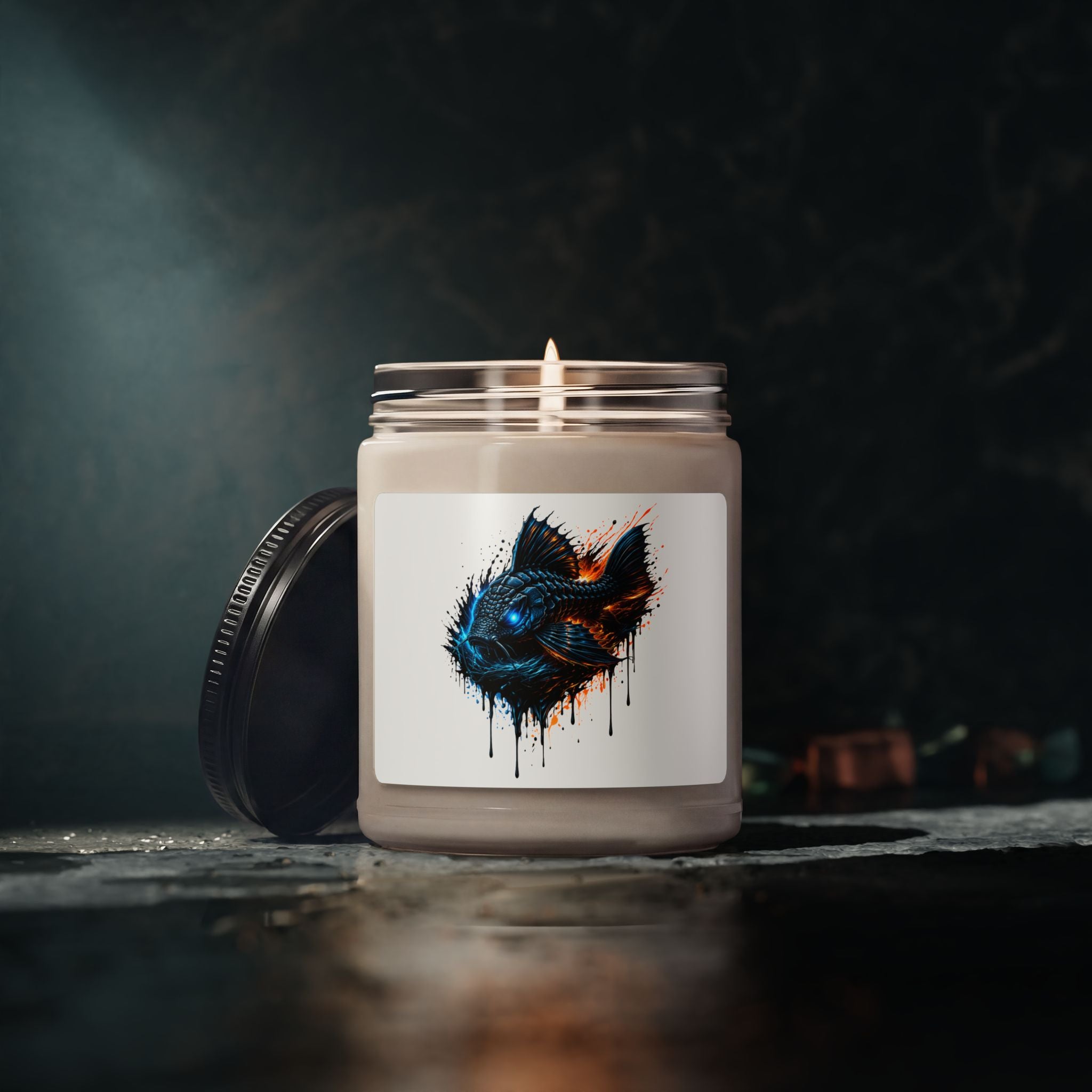 9oz Scented Soy Candle — Blue Neon Fish Art (Aquatic Drip Design) L-185