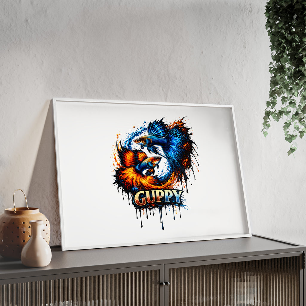 Guppy Fish Art Poster with Wooden Frame — Colorful Koi-Style Aquarium Print