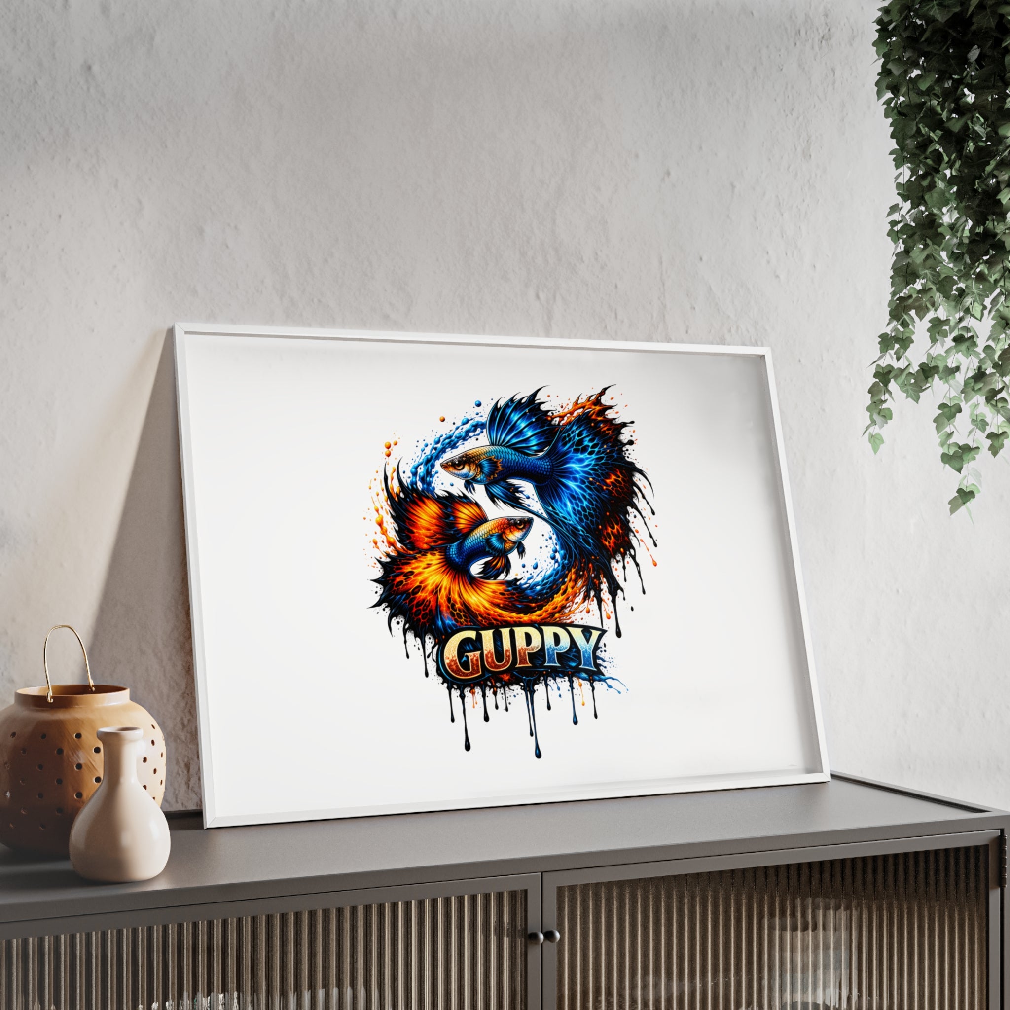 Guppy Fish Art Poster with Wooden Frame — Colorful Koi-Style Aquarium Print