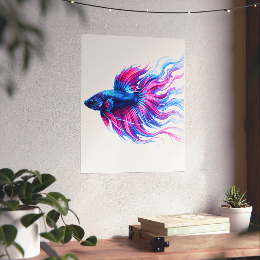 Betta Fish Art Poster — Colorful Blue & Pink Matte Vertical Wall Print