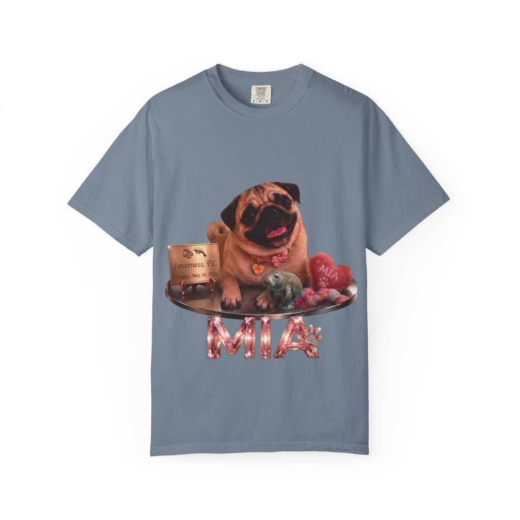 Pug Pet Portrait T-Shirt — Personalized "MIA" Dog Design