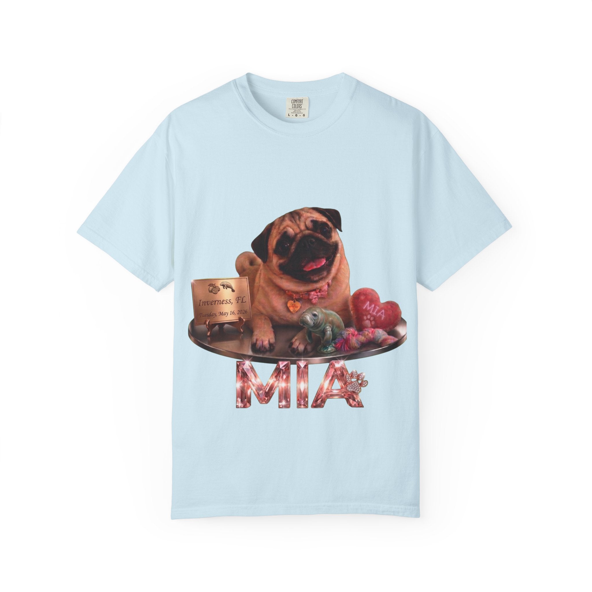 Pug Pet Portrait T-Shirt — Personalized "MIA" Dog Design