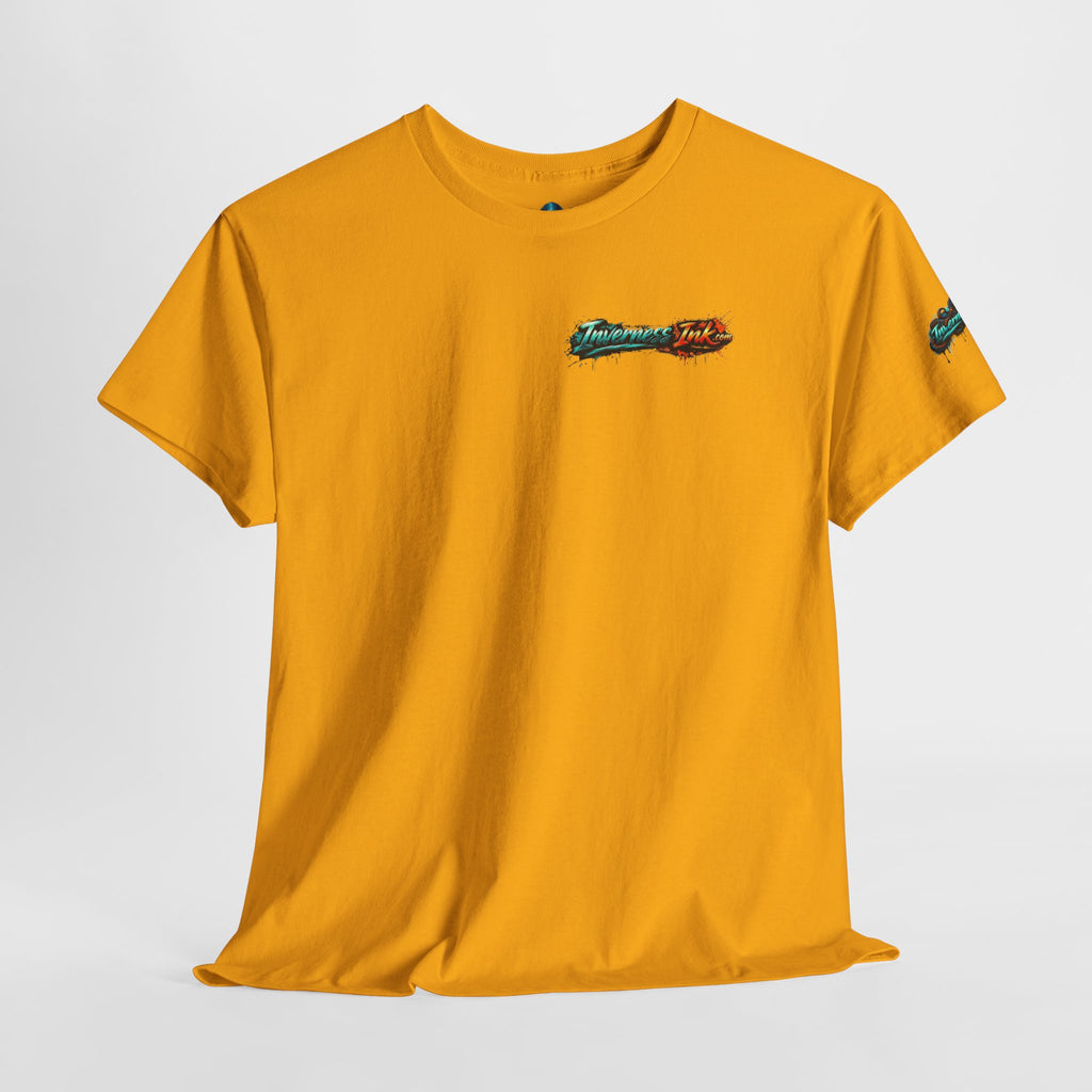 Inverness Ink Graphic Tee — Bold Blue & Orange Splash Backprint