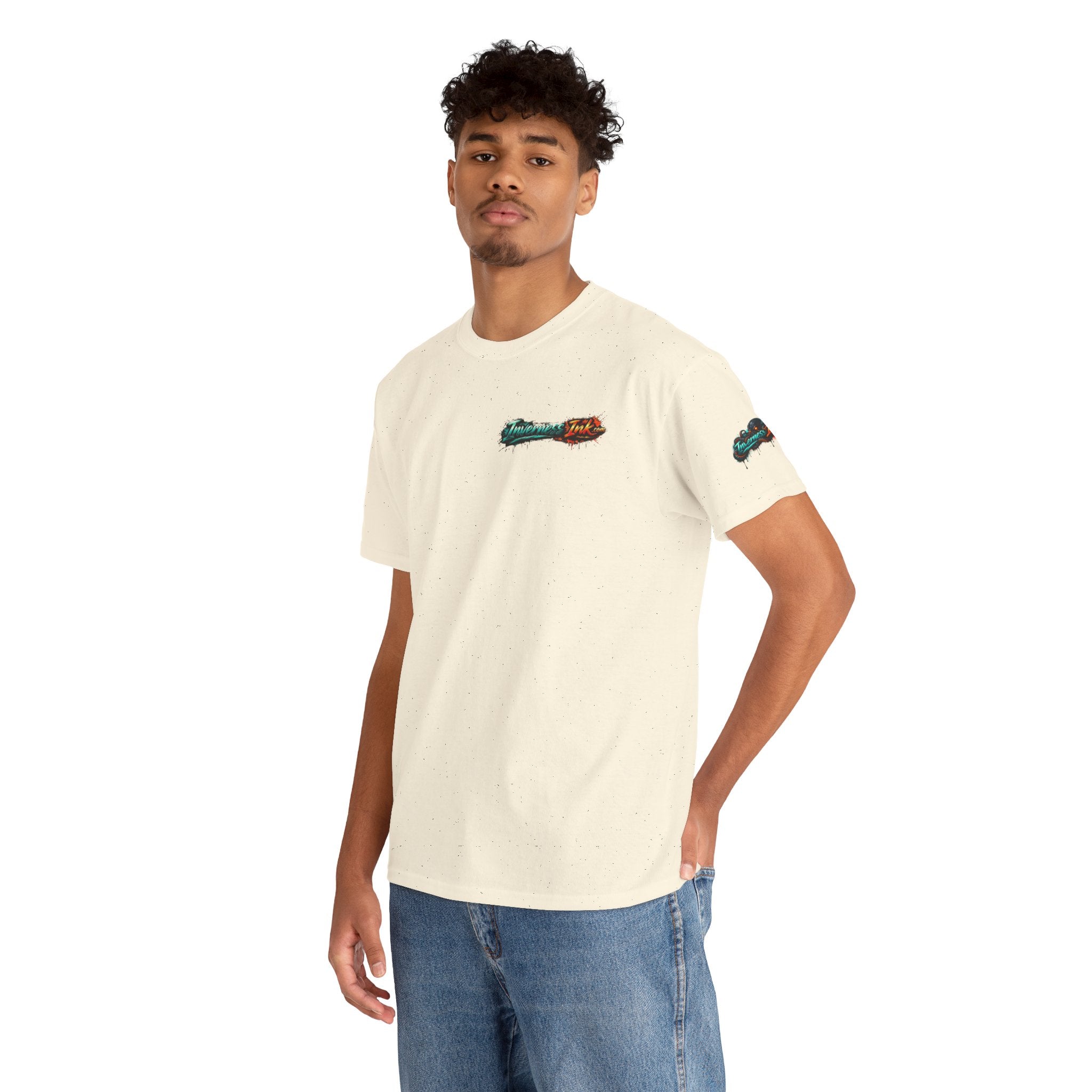 Inverness Ink Graphic Tee — Bold Blue & Orange Splash Backprint