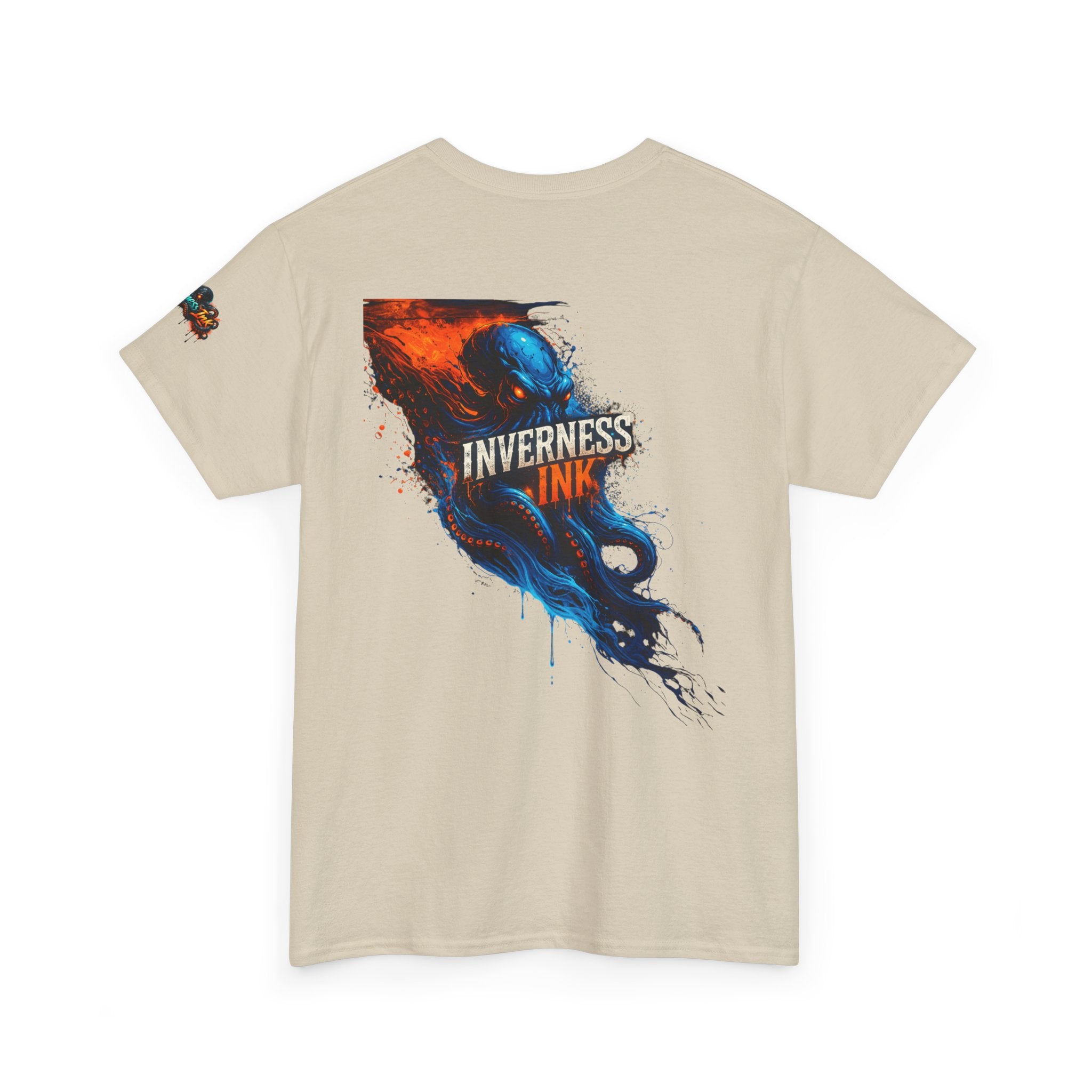Inverness Ink Graphic Tee — Bold Blue & Orange Splash Backprint