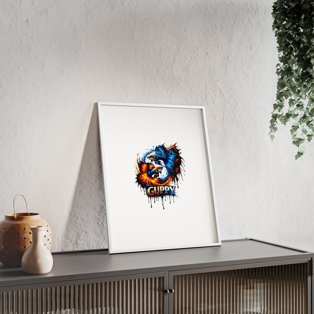 Guppy Fish Art Poster with Wooden Frame — Colorful Koi-Style Aquarium Print