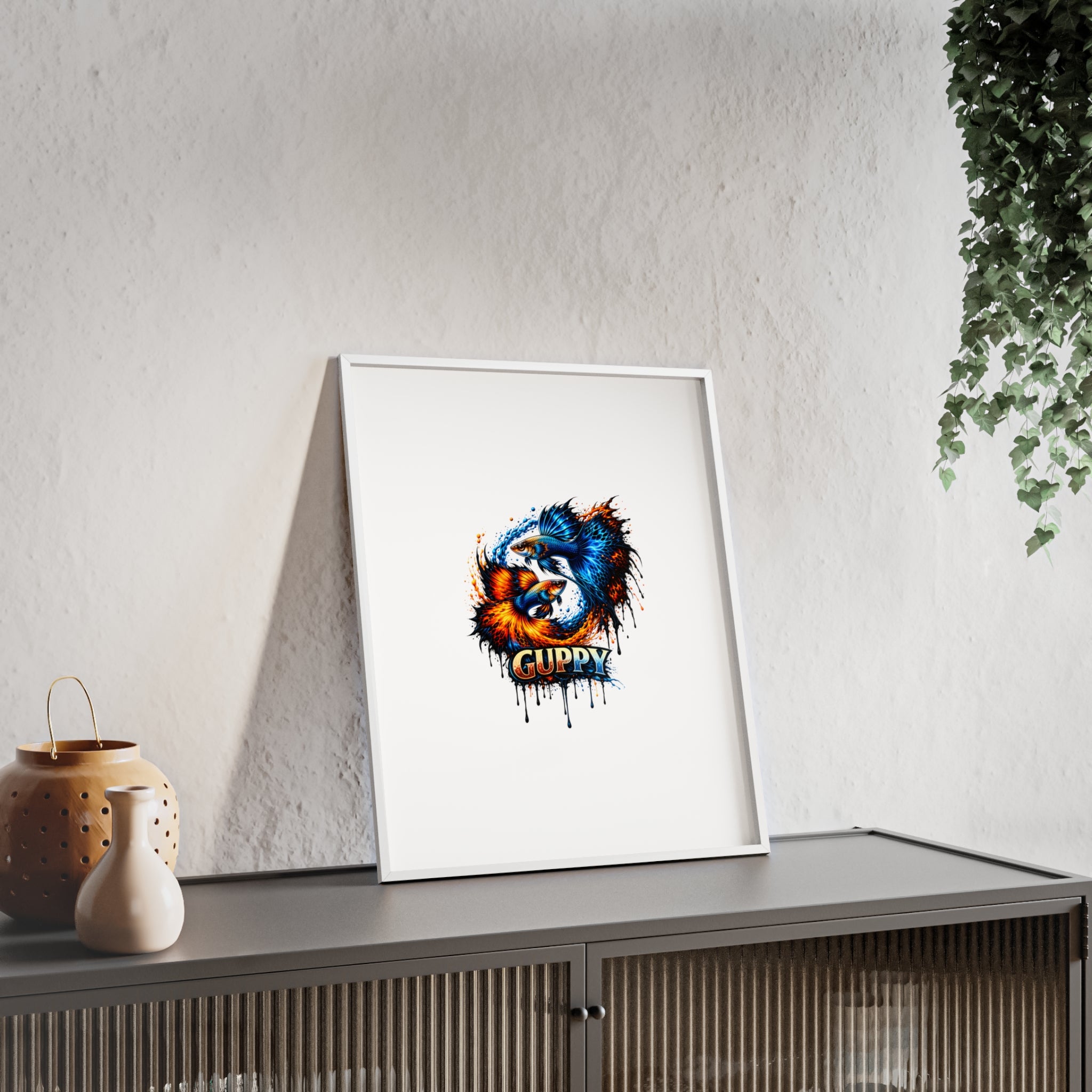 Guppy Fish Art Poster with Wooden Frame — Colorful Koi-Style Aquarium Print