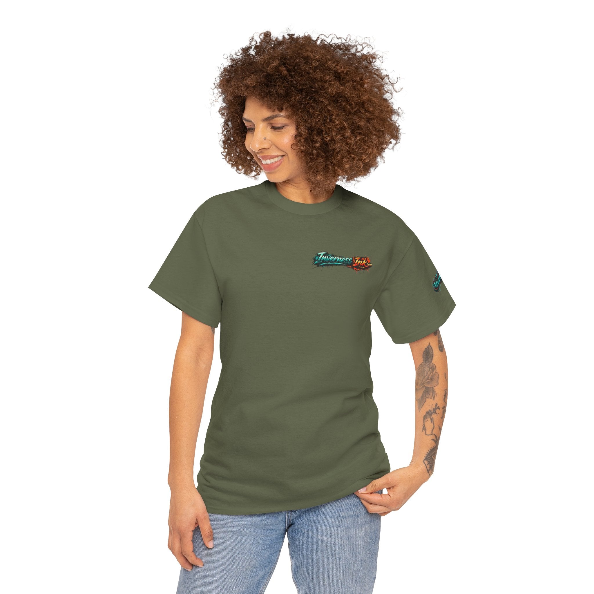 Inverness Ink Graphic Tee — Bold Blue & Orange Splash Backprint
