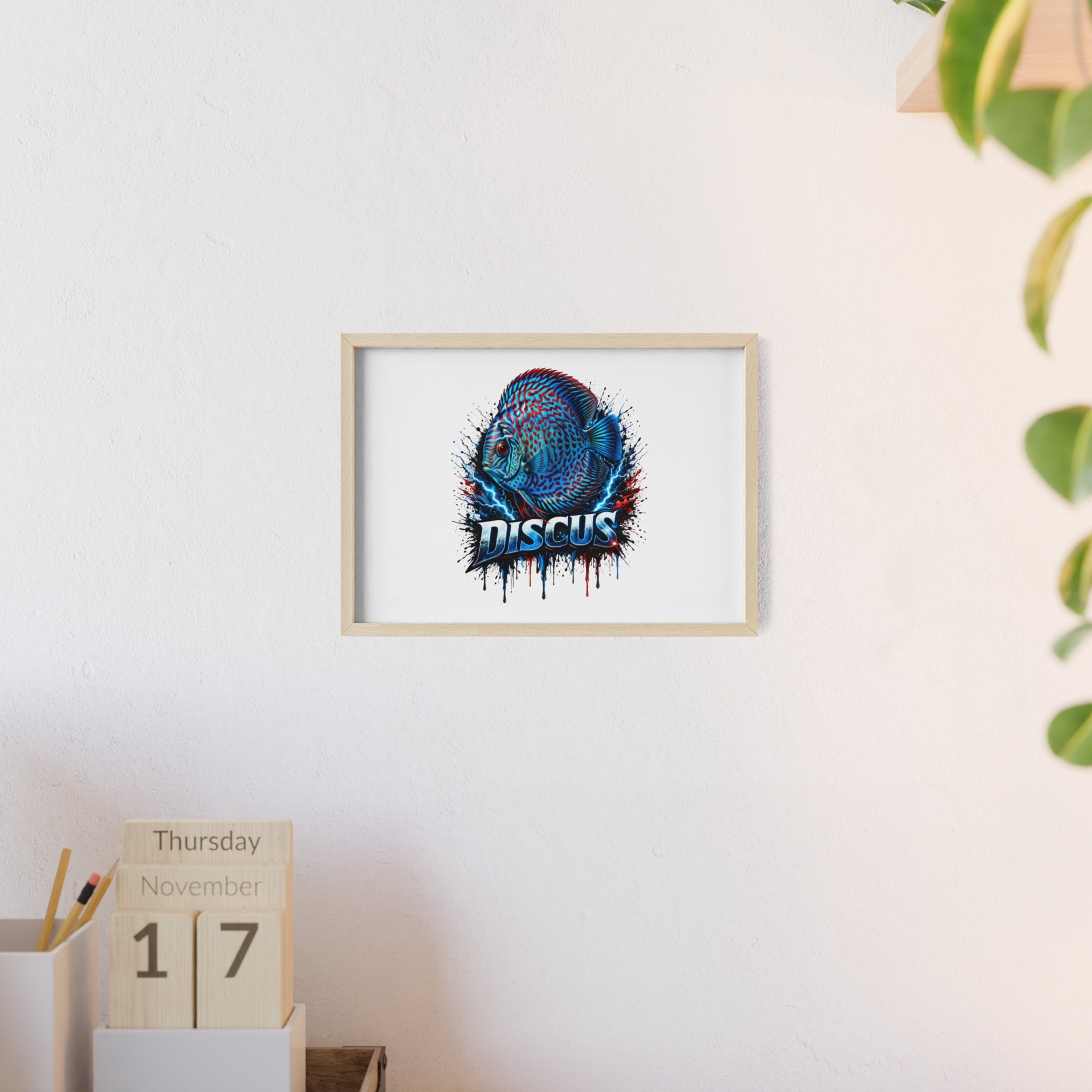 Discus Fish Poster with Wooden Frame — Colorful Aquarium Art Print