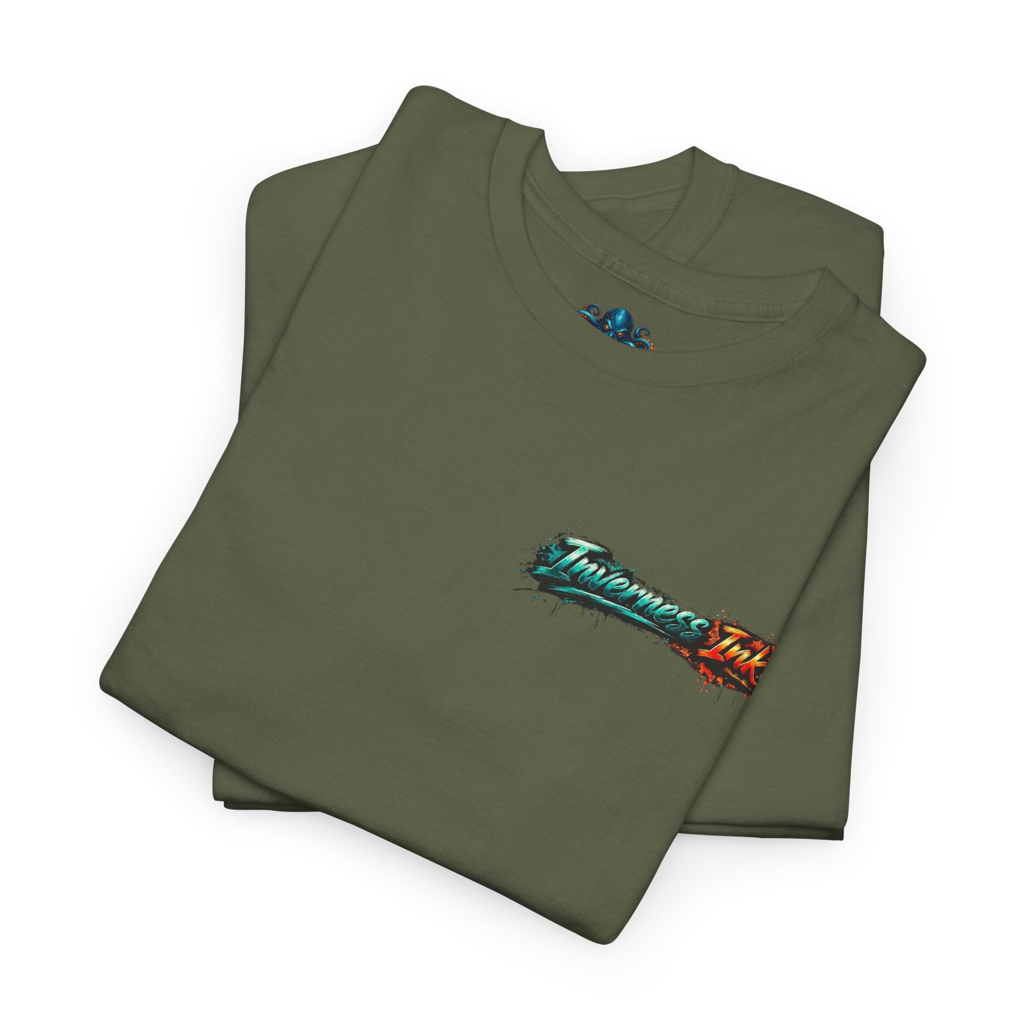 Inverness Ink Graphic Tee — Bold Blue & Orange Splash Backprint