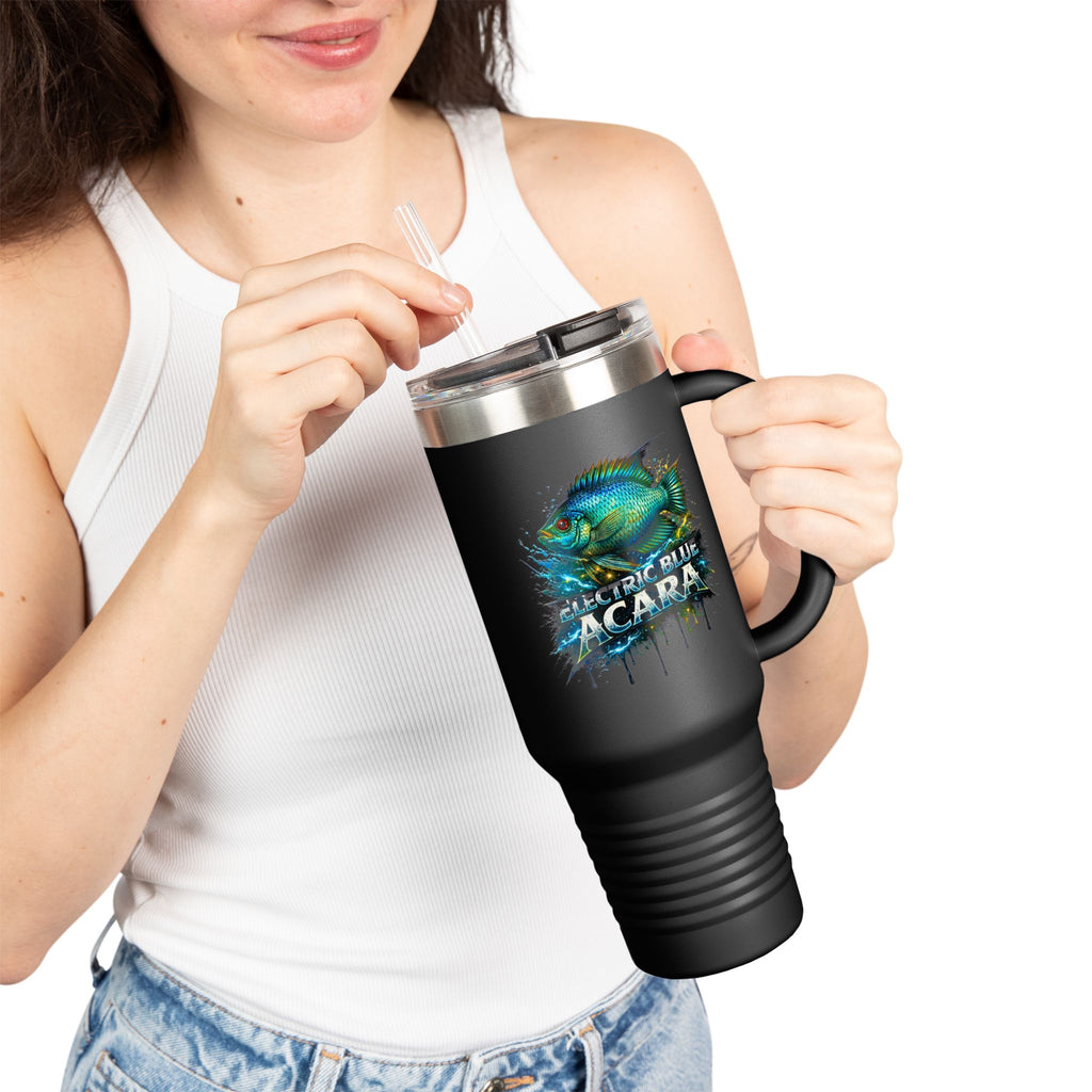 40oz Insulated Travel Mug - 'Electric Blue Acara' Fish Graphic, Leak-Resistant Tumbler for Aquarium Enthusiasts