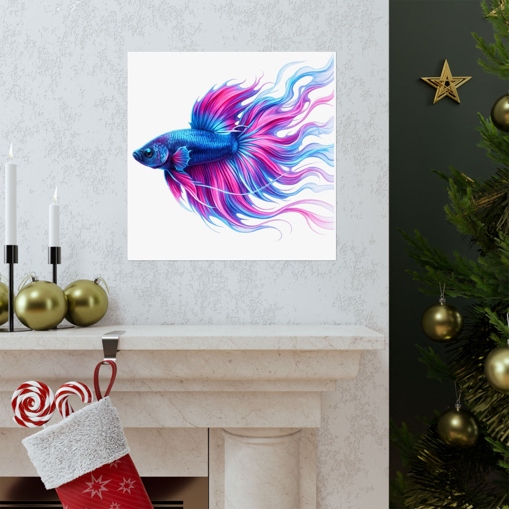 Betta Fish Art Poster — Colorful Blue & Pink Matte Vertical Wall Print