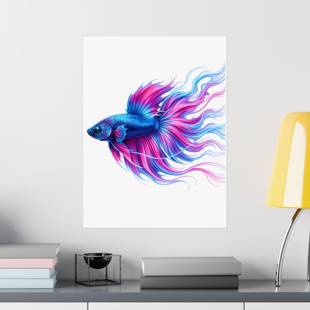 Betta Fish Art Poster — Colorful Blue & Pink Matte Vertical Wall Print