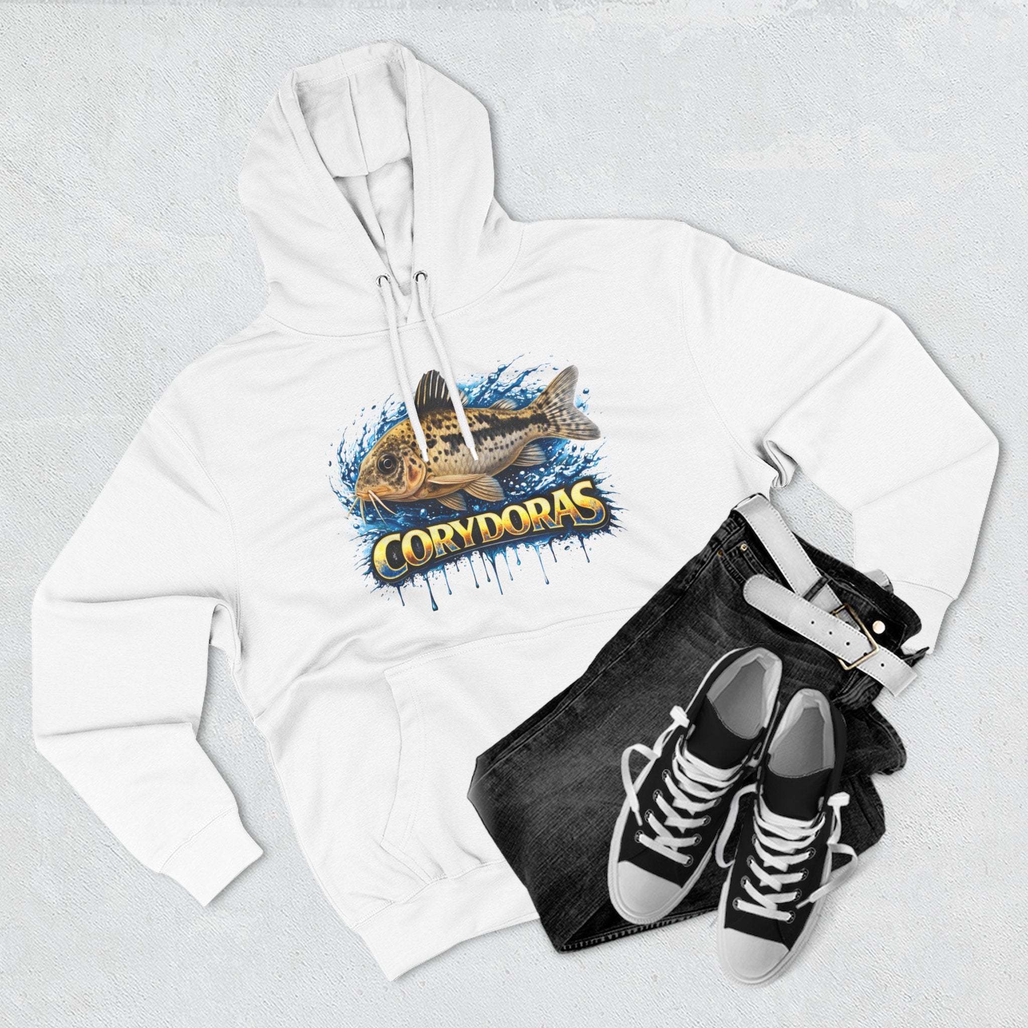 Peppered Corydoras Midweight Fleece Hoodie — Aquatic Catfish Illustration Pullover