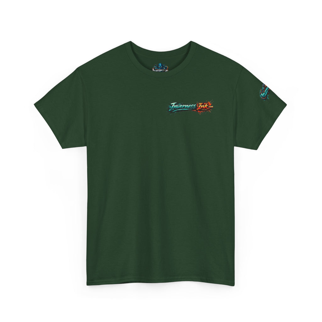 Inverness Ink Graphic Tee — Bold Blue & Orange Splash Backprint