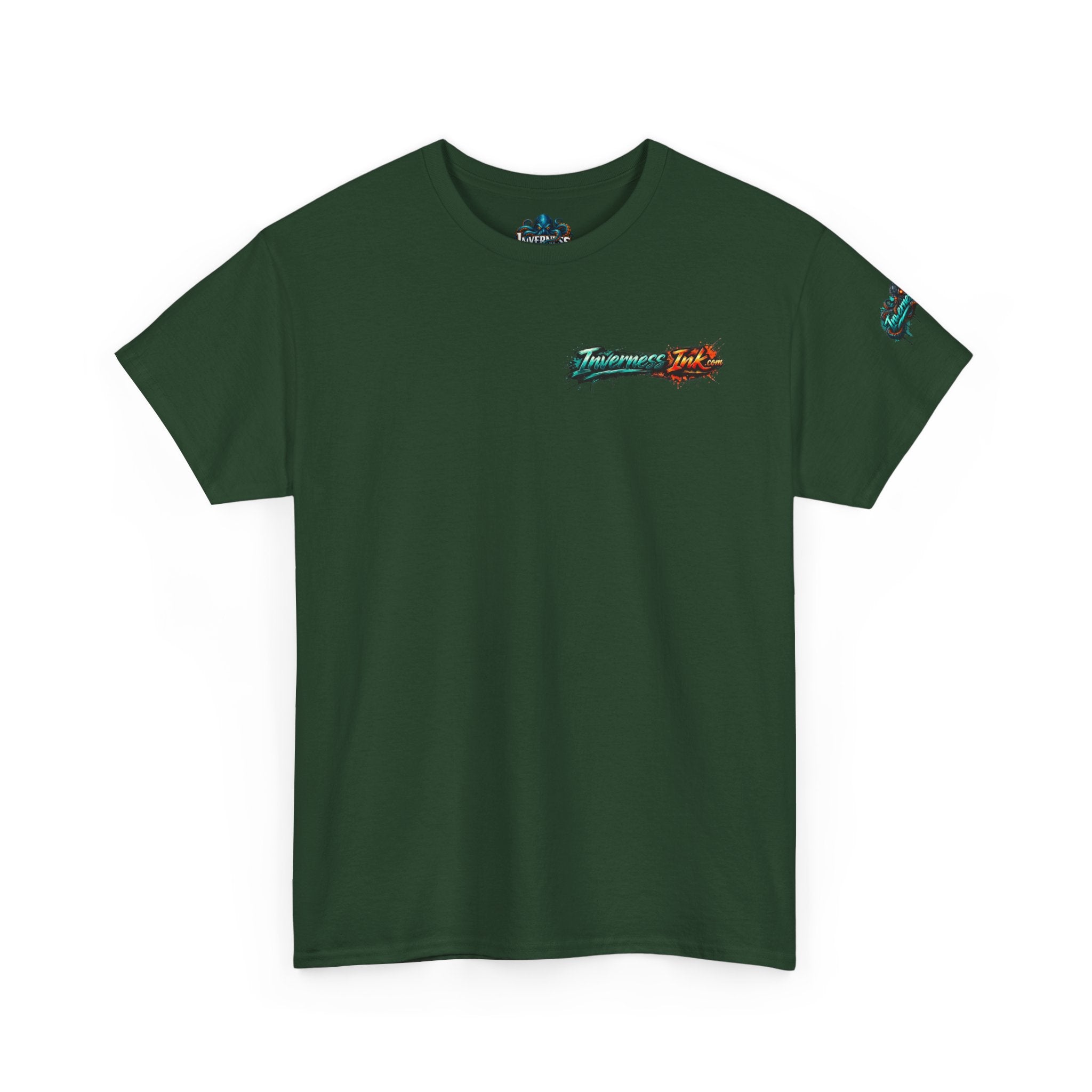 Inverness Ink Graphic Tee — Bold Blue & Orange Splash Backprint