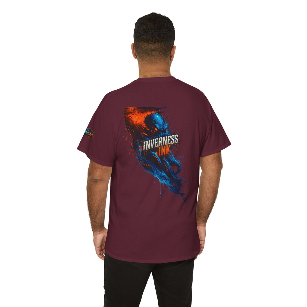 Inverness Ink Graphic Tee — Bold Blue & Orange Splash Backprint