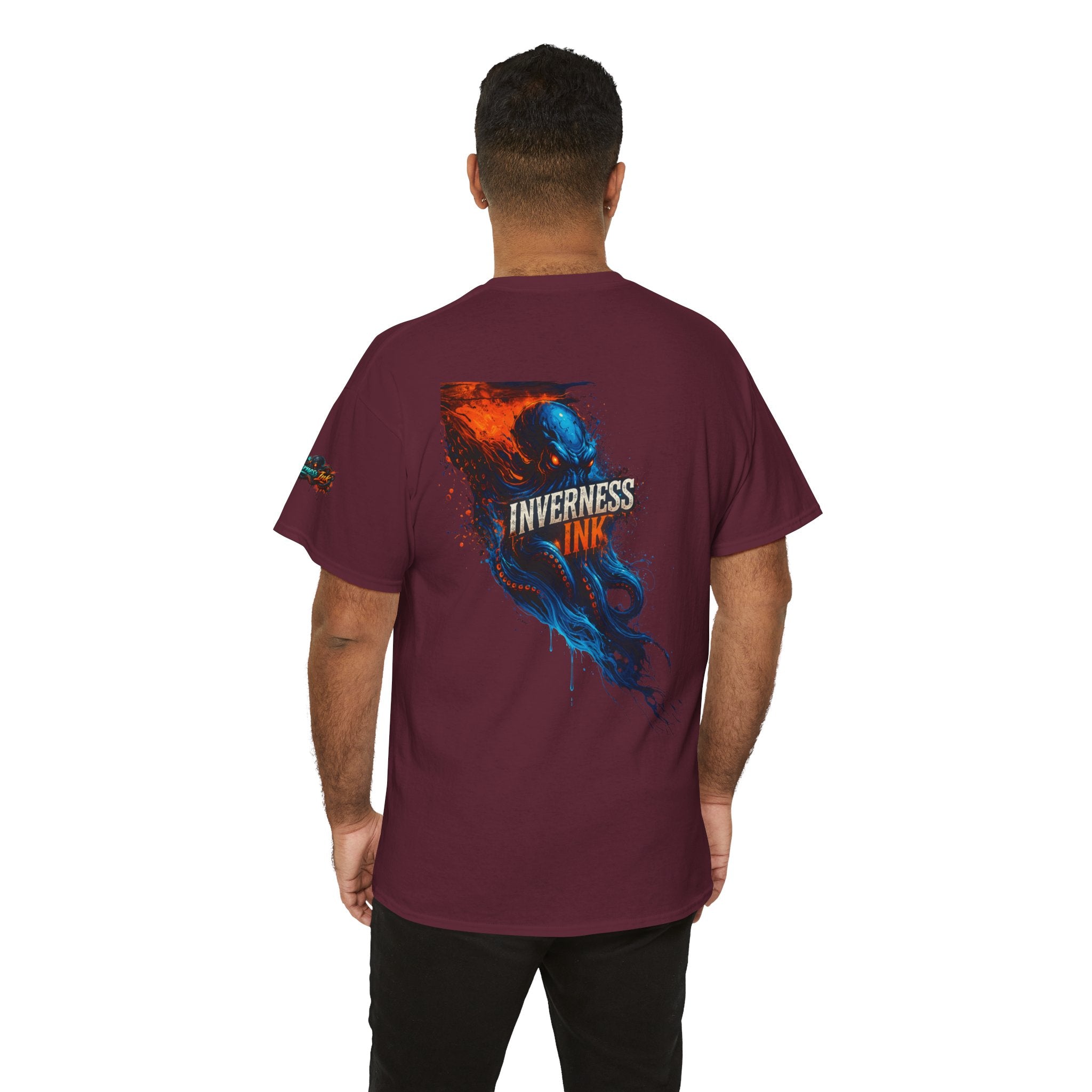 Inverness Ink Graphic Tee — Bold Blue & Orange Splash Backprint