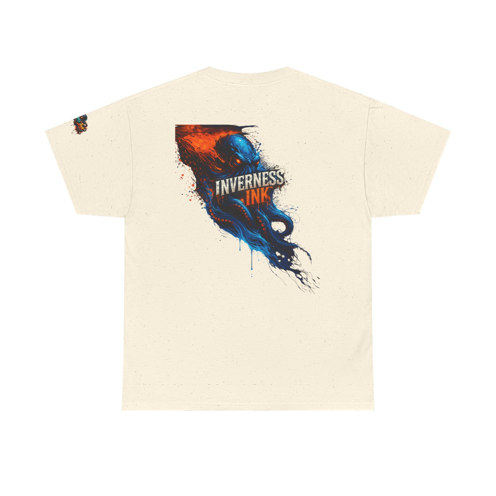 Inverness Ink Graphic Tee — Bold Blue & Orange Splash Backprint