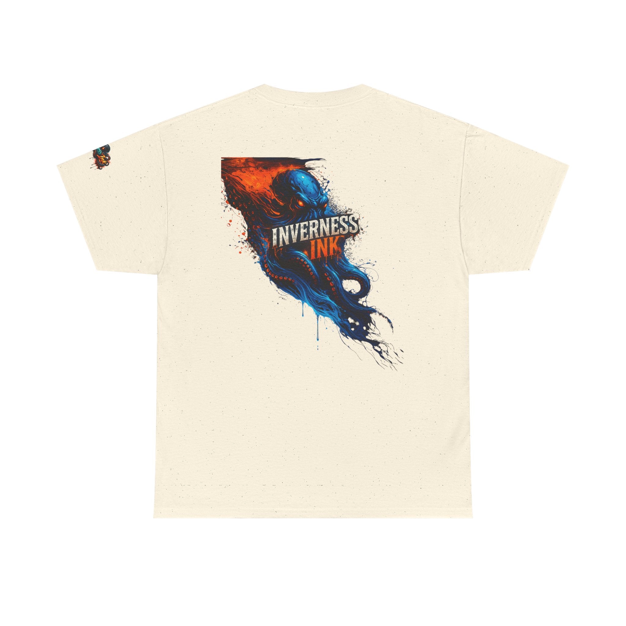 Inverness Ink Graphic Tee — Bold Blue & Orange Splash Backprint