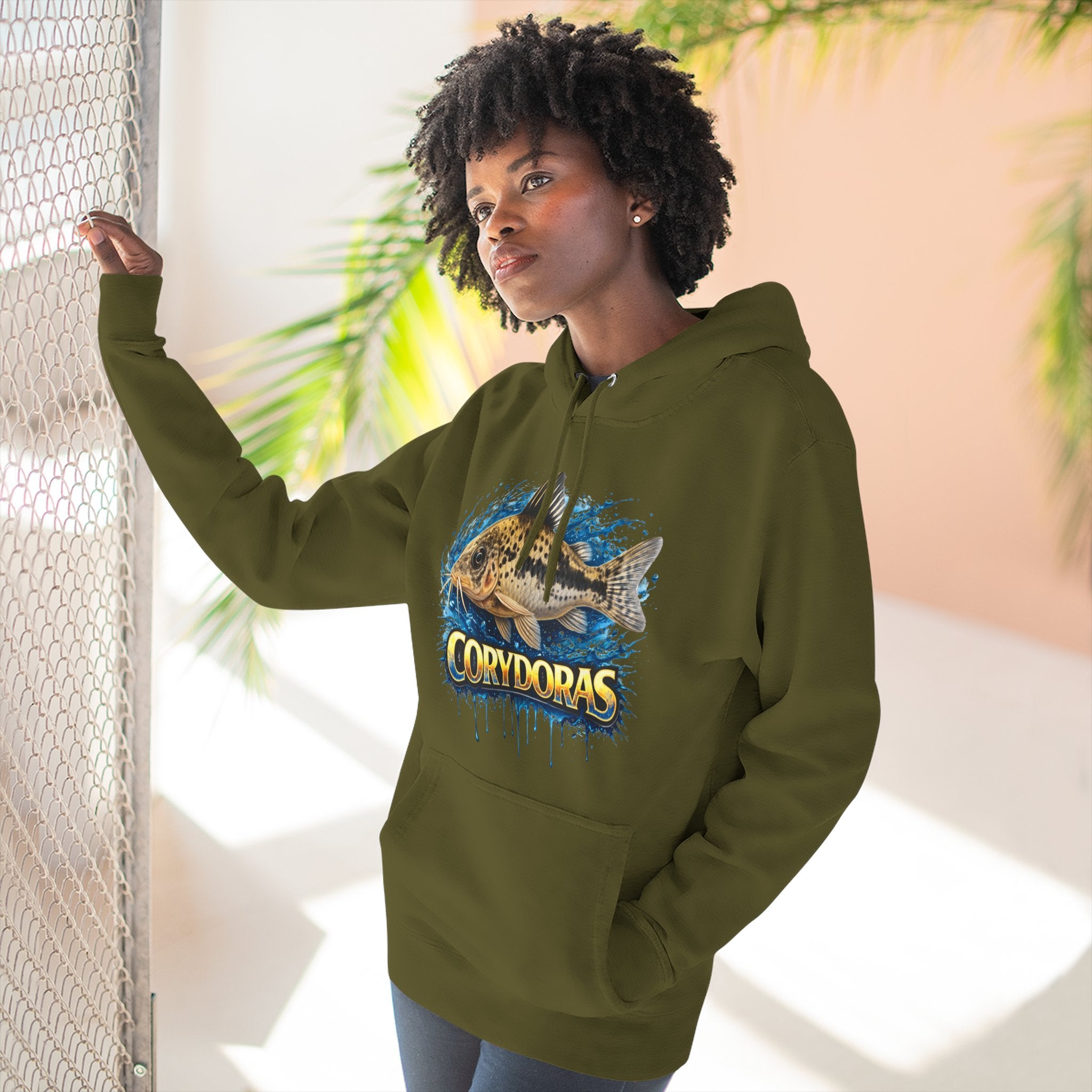 Peppered Corydoras Midweight Fleece Hoodie — Aquatic Catfish Illustration Pullover