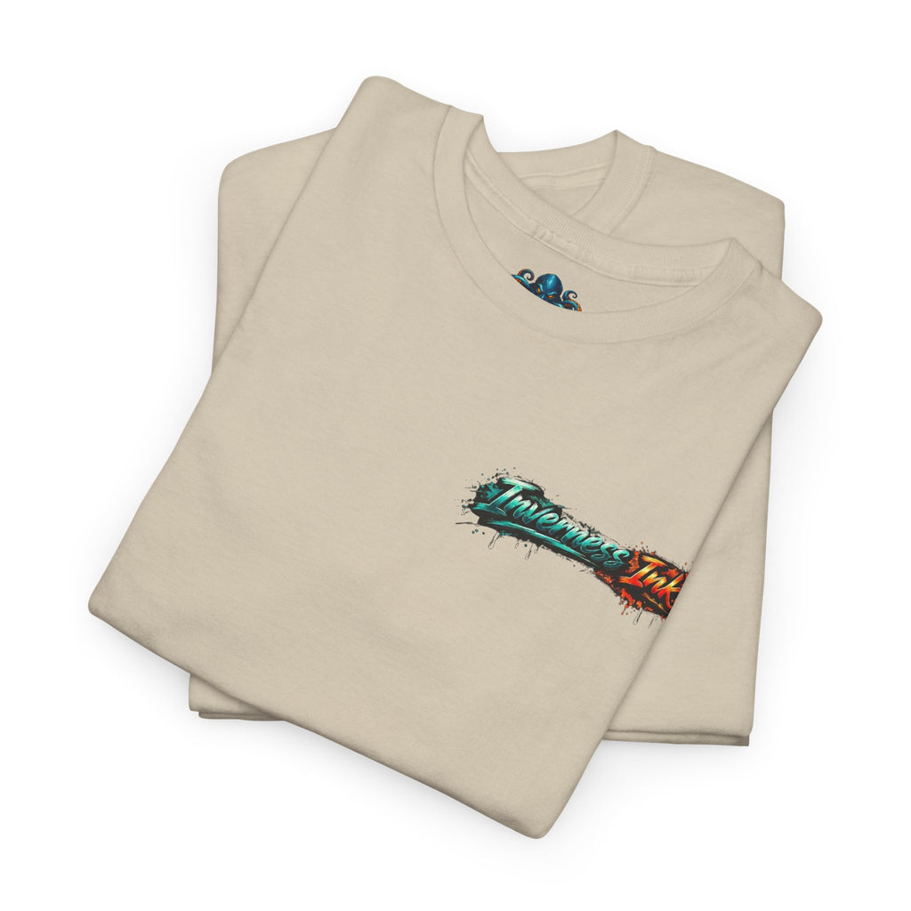 Inverness Ink Graphic Tee — Bold Blue & Orange Splash Backprint