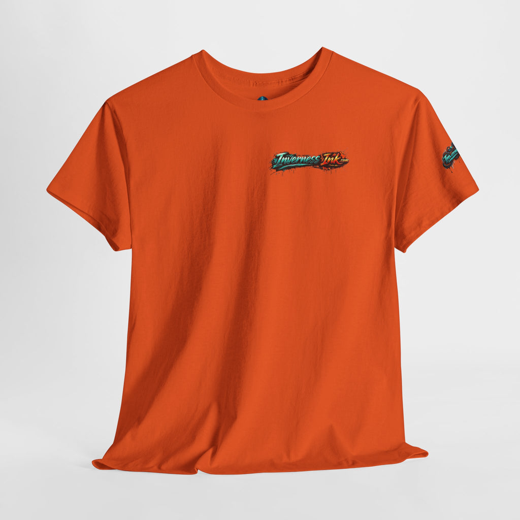 Inverness Ink Graphic Tee — Bold Blue & Orange Splash Backprint