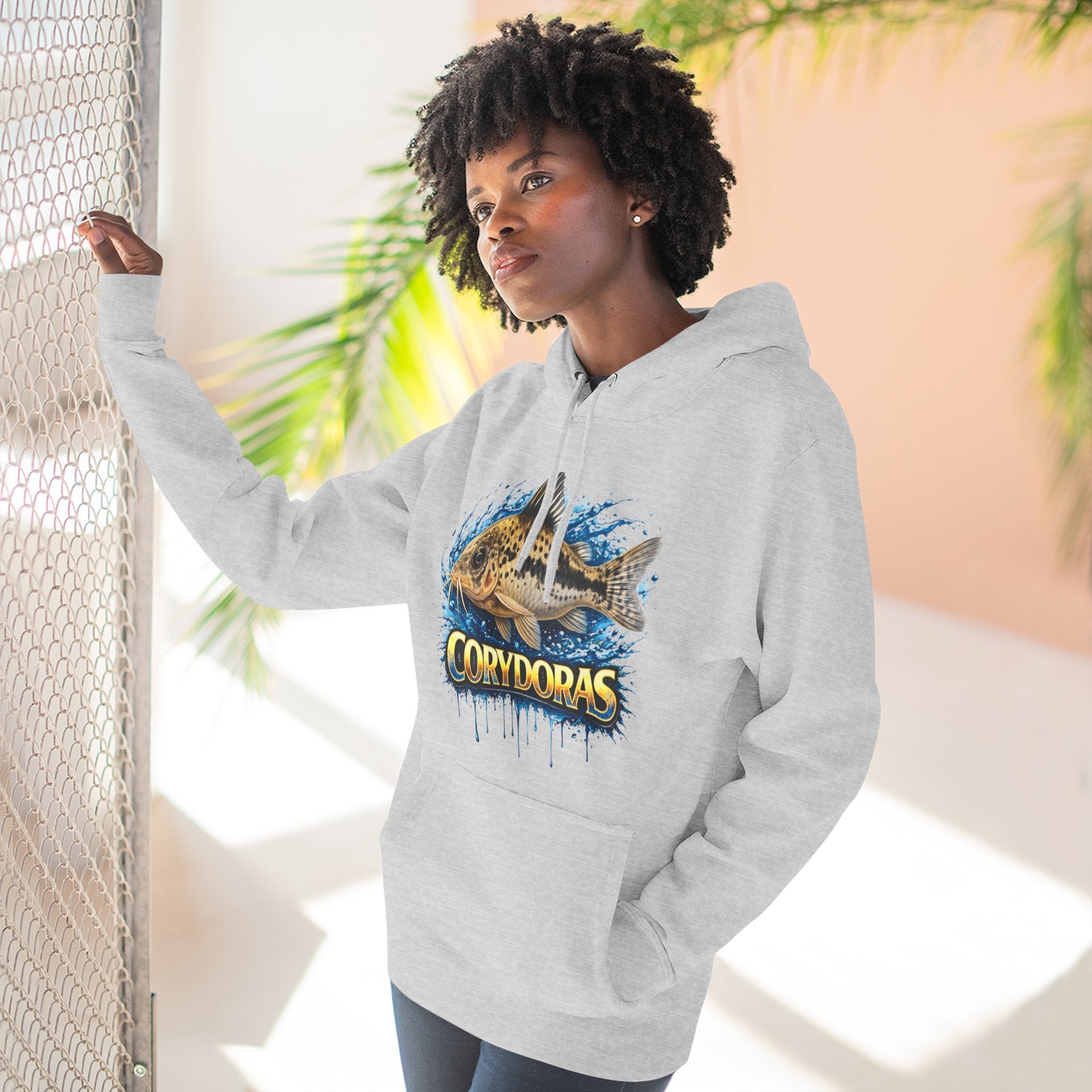 Peppered Corydoras Midweight Fleece Hoodie — Aquatic Catfish Illustration Pullover