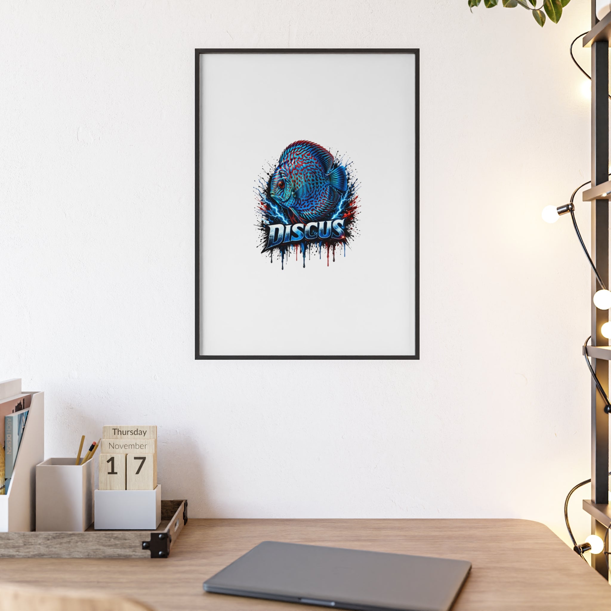 Discus Fish Poster with Wooden Frame — Colorful Aquarium Art Print