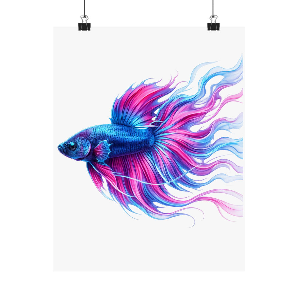 Betta Fish Art Poster — Colorful Blue & Pink Matte Vertical Wall Print