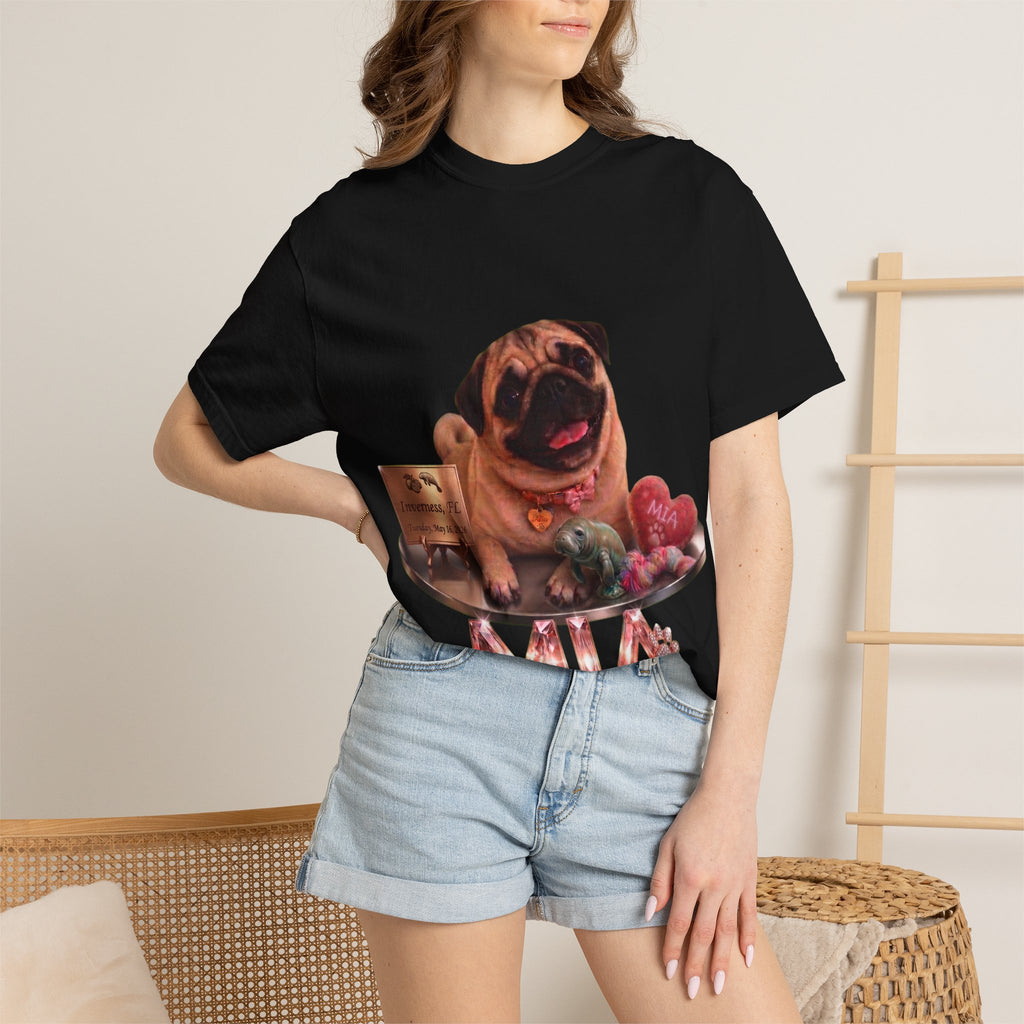 Pug Pet Portrait T-Shirt — Personalized "MIA" Dog Design