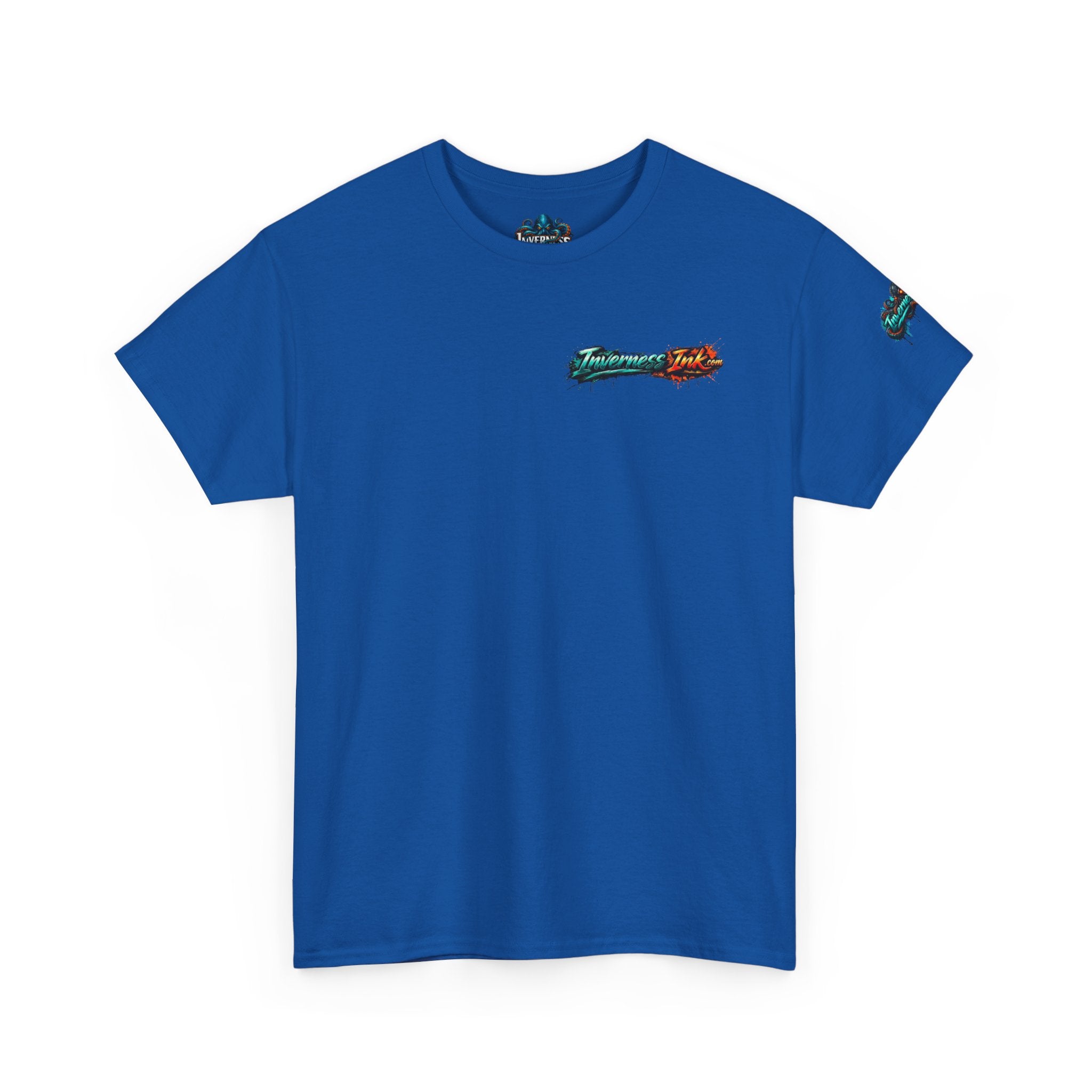 Inverness Ink Graphic Tee — Bold Blue & Orange Splash Backprint