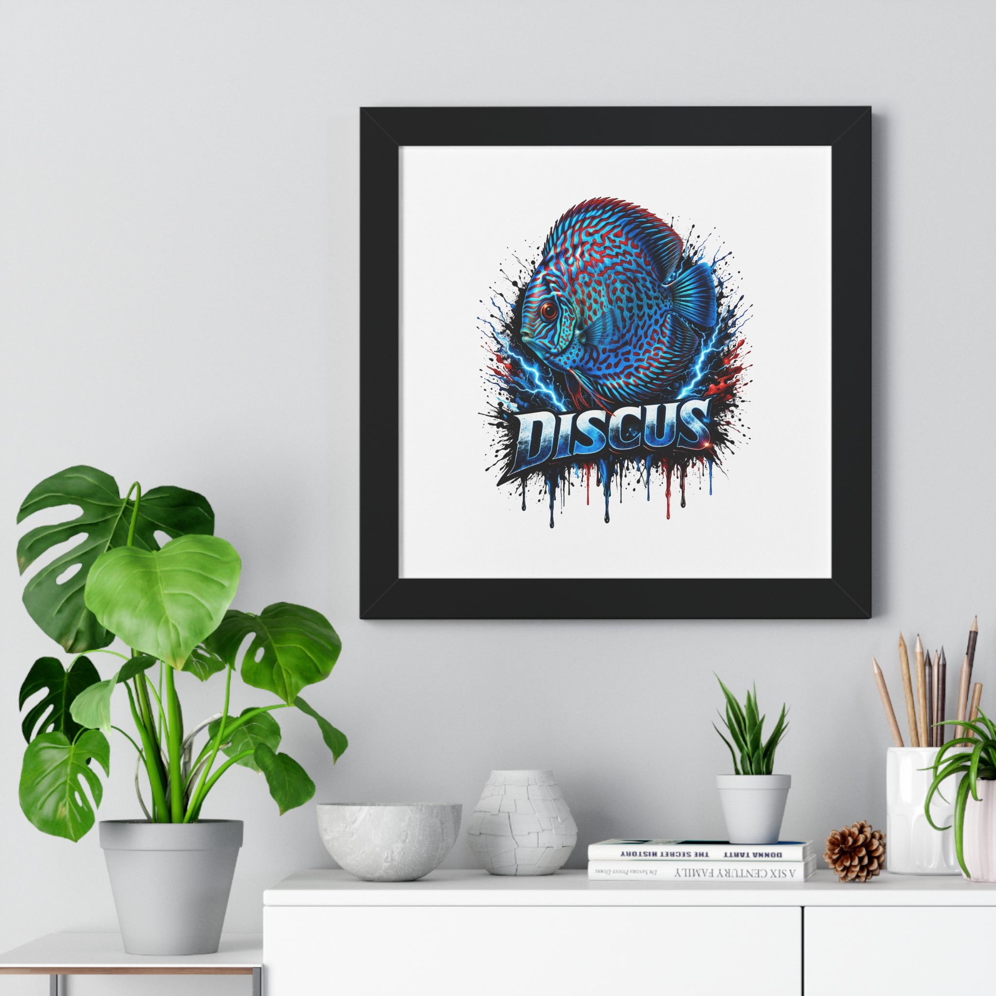Discus Fish Wall Art — Framed Horizontal Poster with Bold Aquatic Splash Design