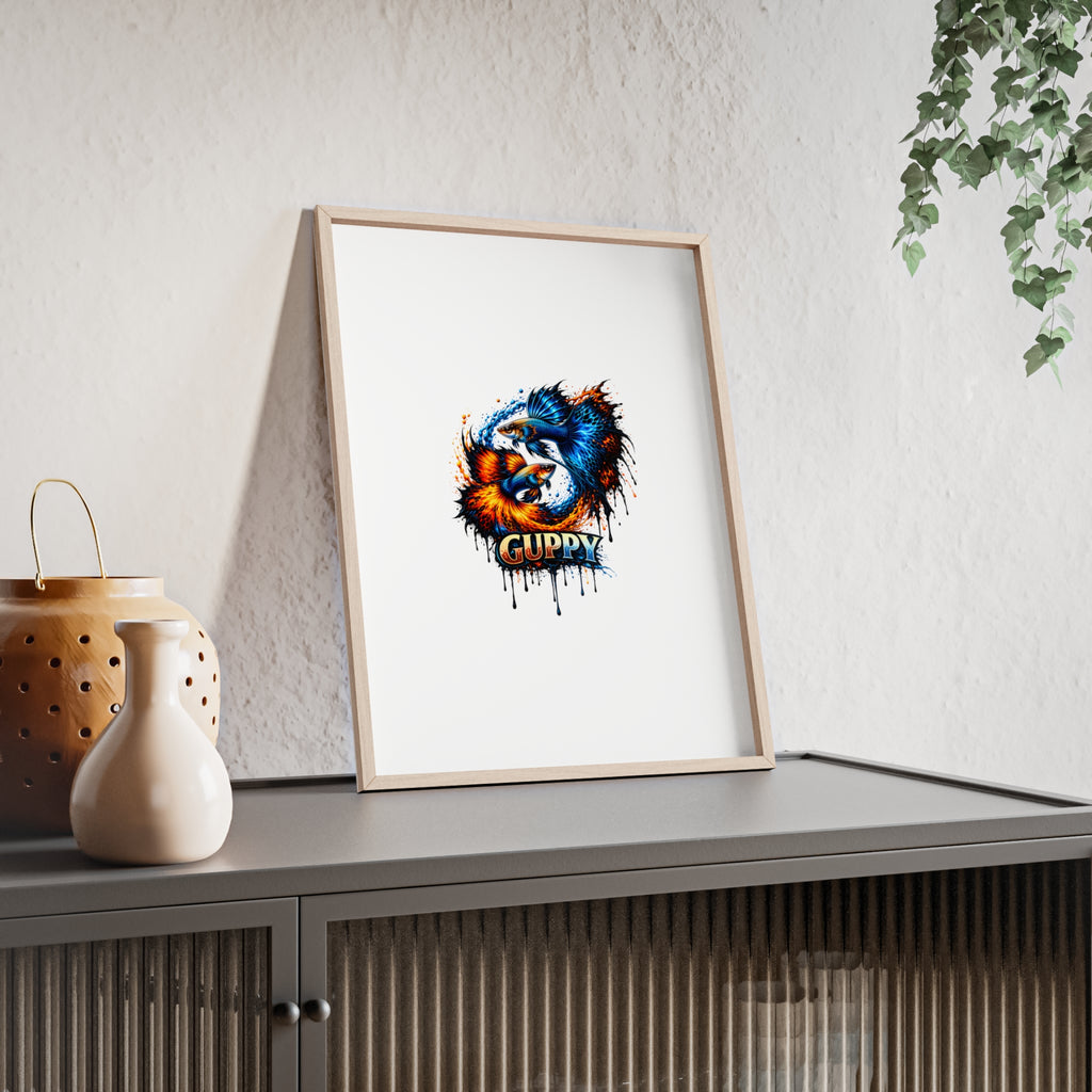 Guppy Fish Art Poster with Wooden Frame — Colorful Koi-Style Aquarium Print
