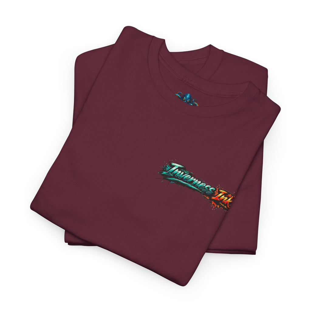 Inverness Ink Graphic Tee — Bold Blue & Orange Splash Backprint