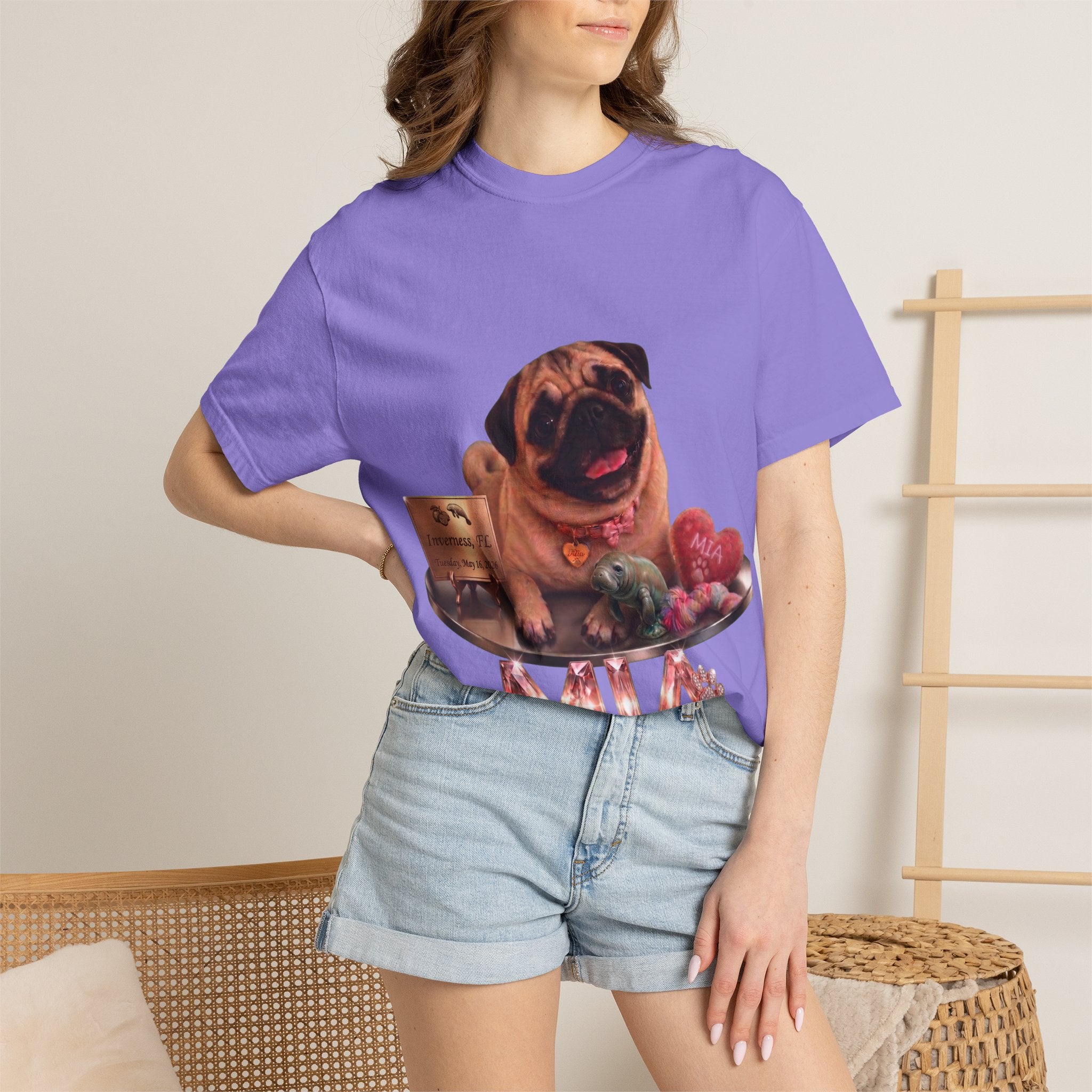 Pug Pet Portrait T-Shirt — Personalized "MIA" Dog Design
