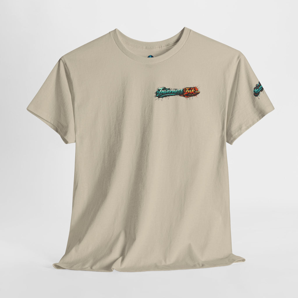 Inverness Ink Graphic Tee — Bold Blue & Orange Splash Backprint