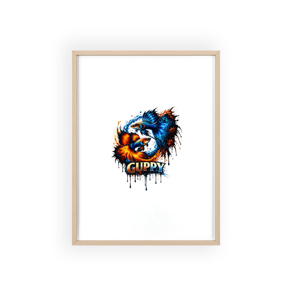 Guppy Fish Art Poster with Wooden Frame — Colorful Koi-Style Aquarium Print