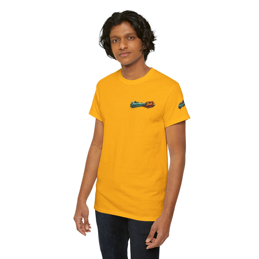 Inverness Ink Graphic Tee — Bold Blue & Orange Splash Backprint
