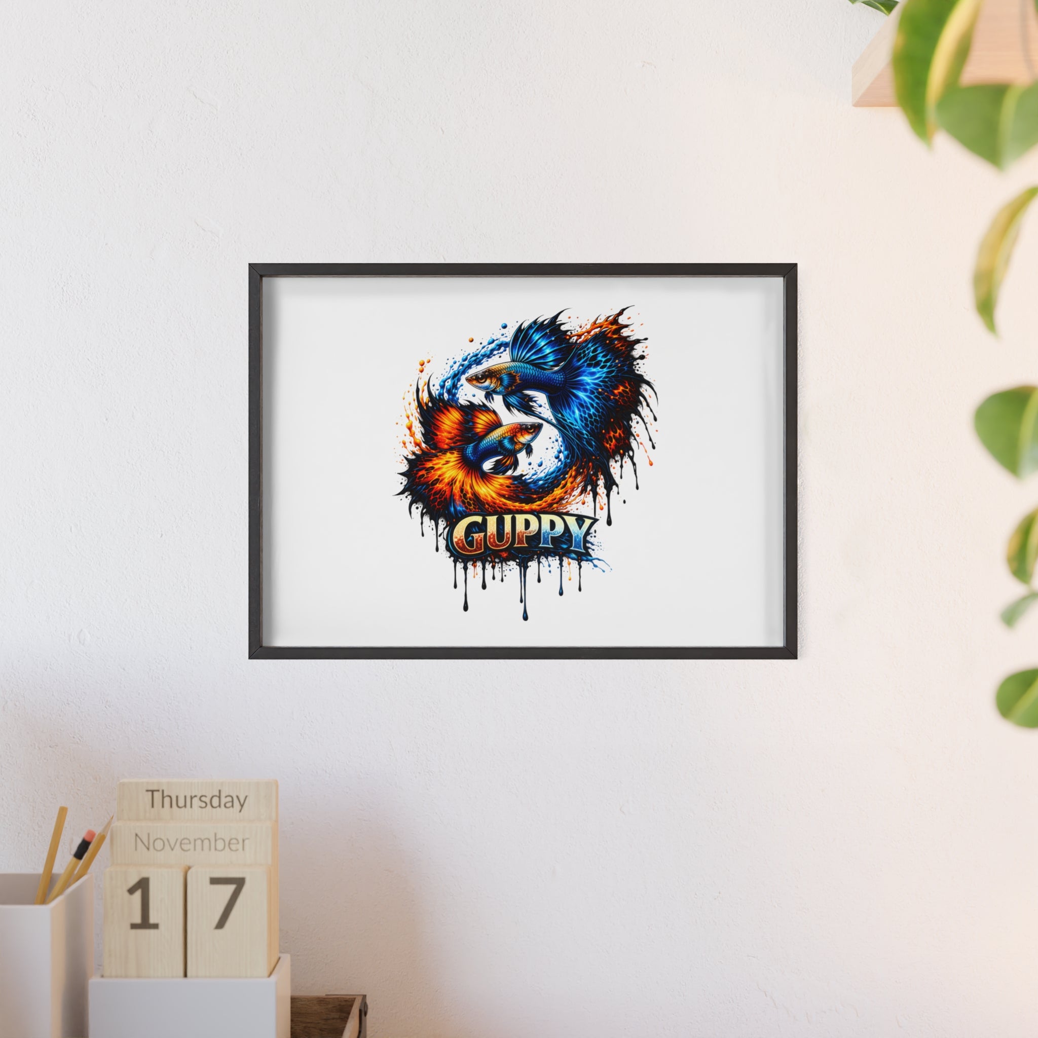 Guppy Fish Art Poster with Wooden Frame — Colorful Koi-Style Aquarium Print