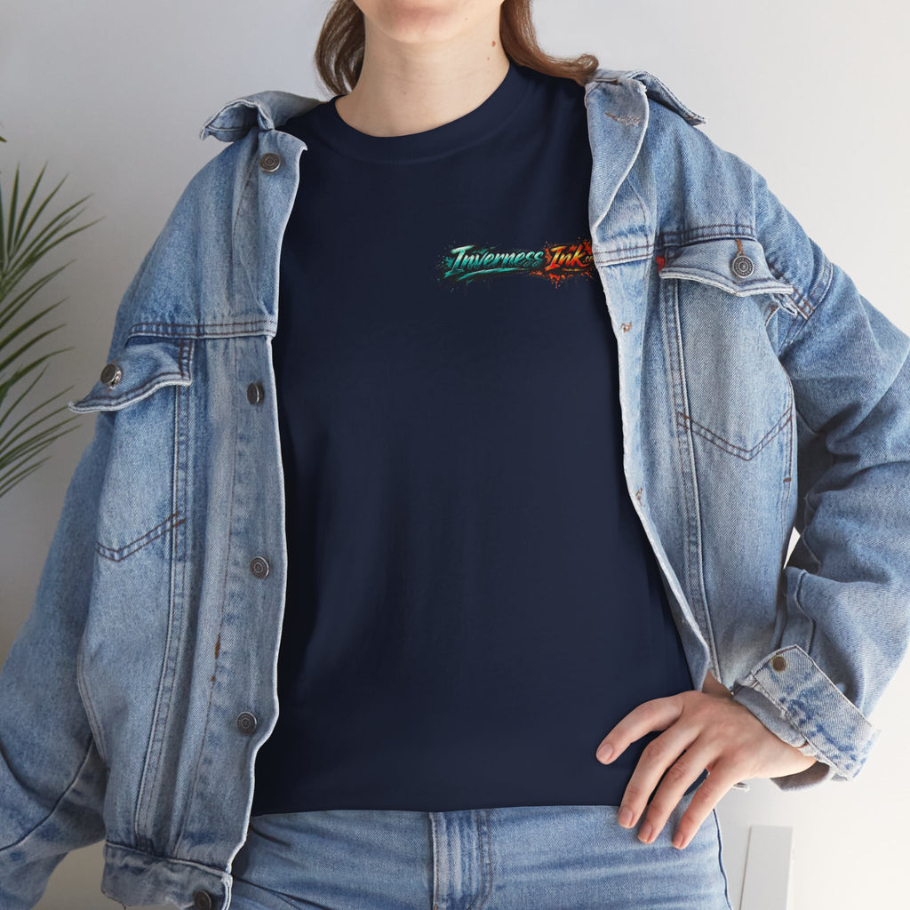 Inverness Ink Graphic Tee — Bold Blue & Orange Splash Backprint