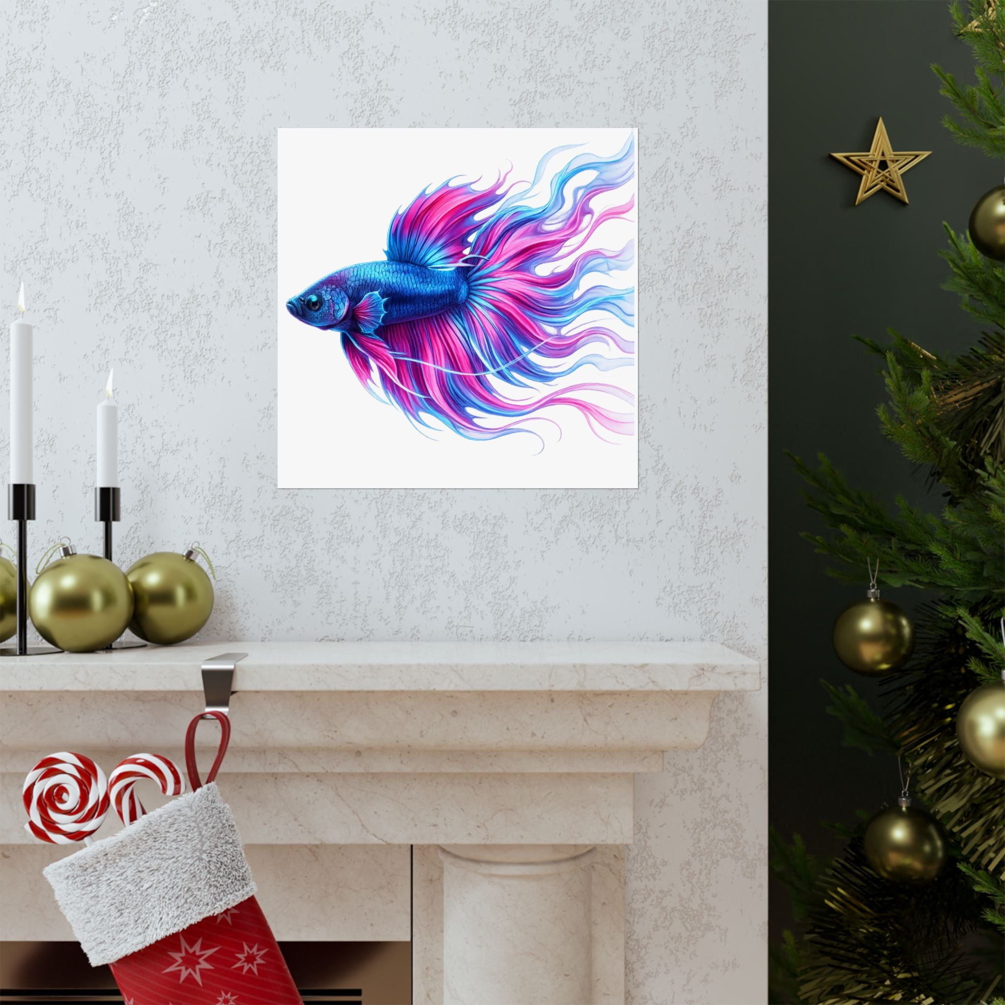 Betta Fish Art Poster — Colorful Blue & Pink Matte Vertical Wall Print
