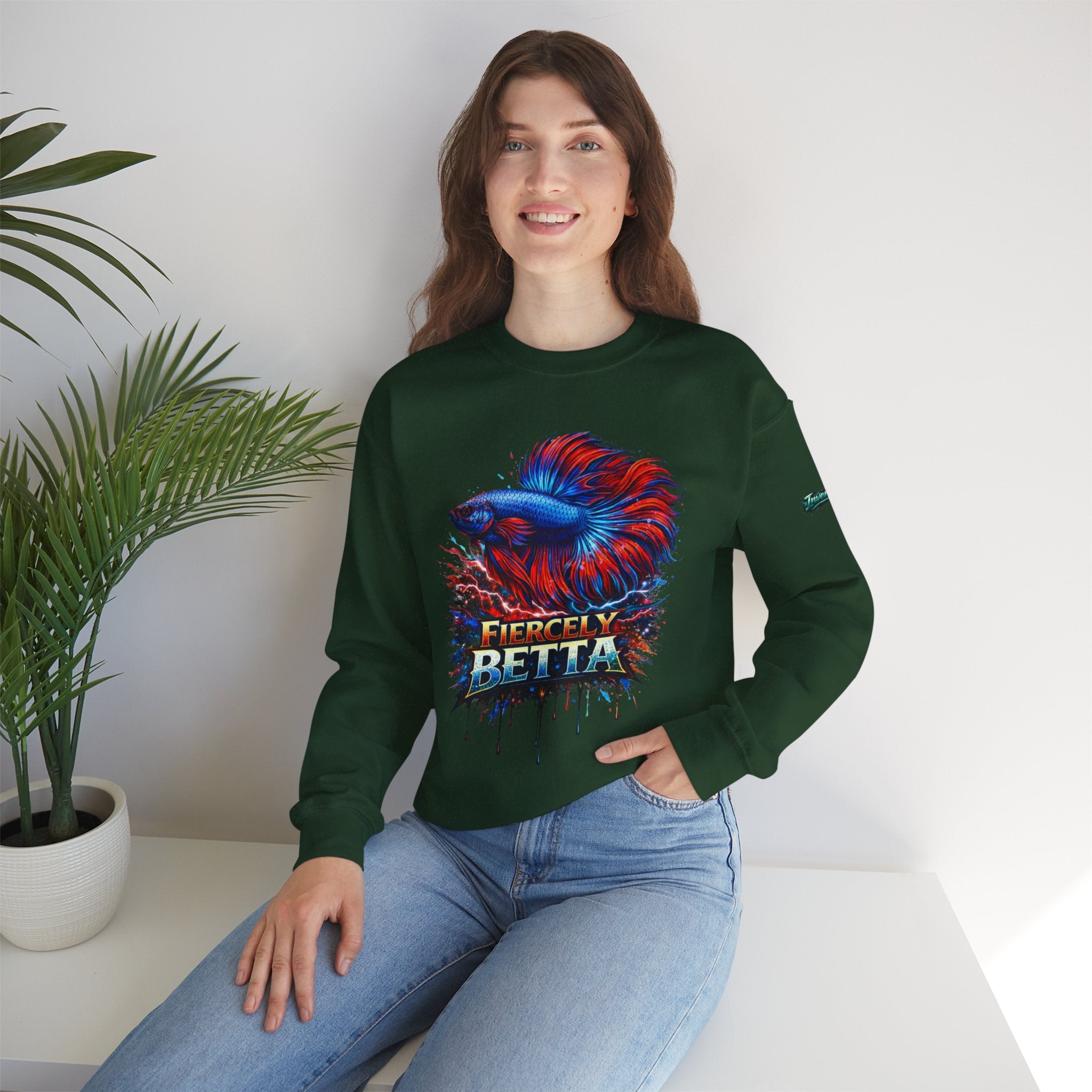 Betta Fish Crewneck Sweatshirt — "Fiercely Betta" Colorful Aquarium Graphic