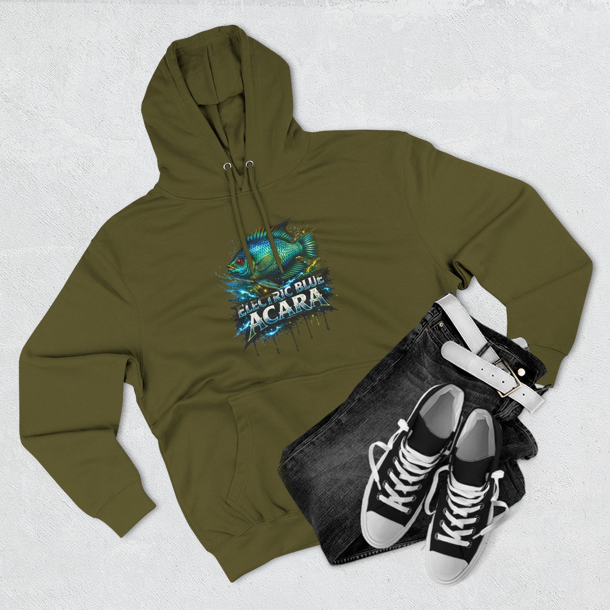 Electric Blue Acara Hoodie — Colorful Aquarium Fish Graphic Fleece Pullover