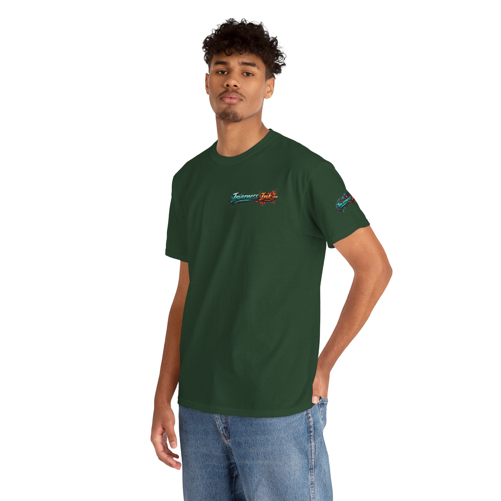 Inverness Ink Graphic Tee — Bold Blue & Orange Splash Backprint