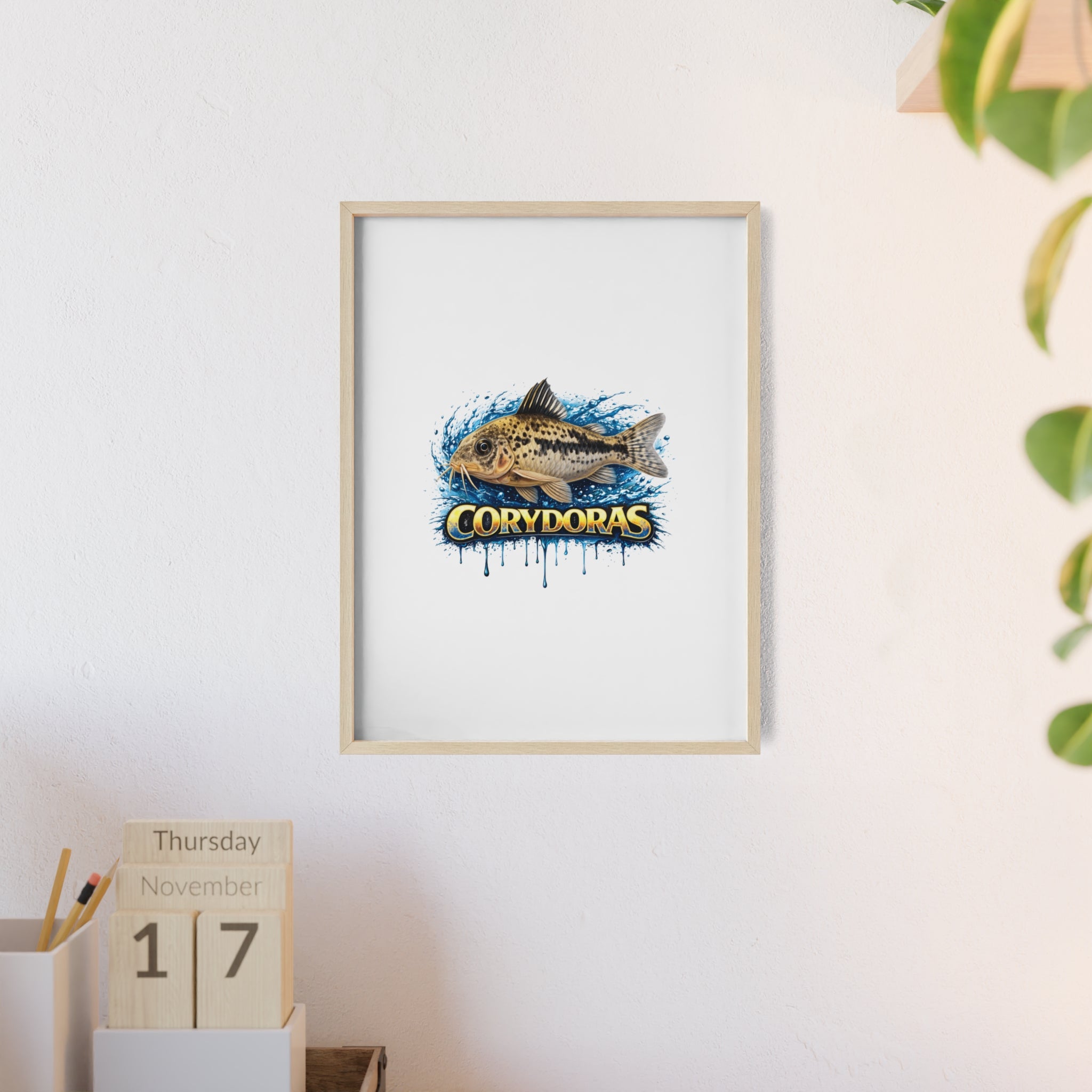Peppered Corydoras Fish Poster with Wooden Frame — Aquarium Wall Art