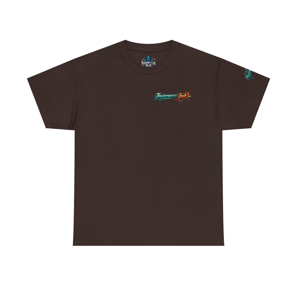 Inverness Ink Graphic Tee — Bold Blue & Orange Splash Backprint