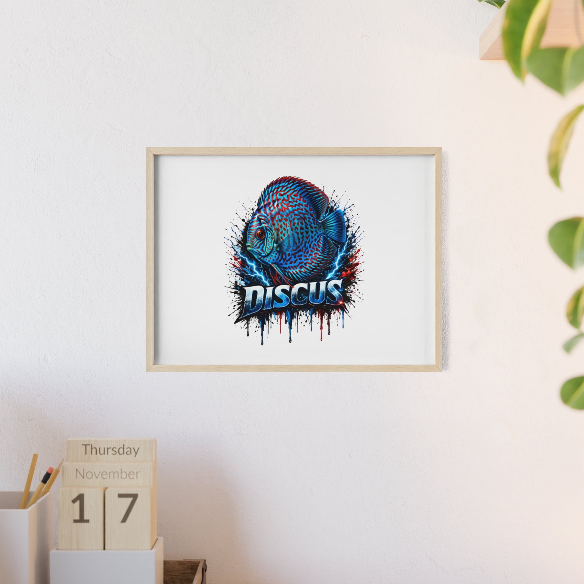 Discus Fish Poster with Wooden Frame — Colorful Aquarium Art Print