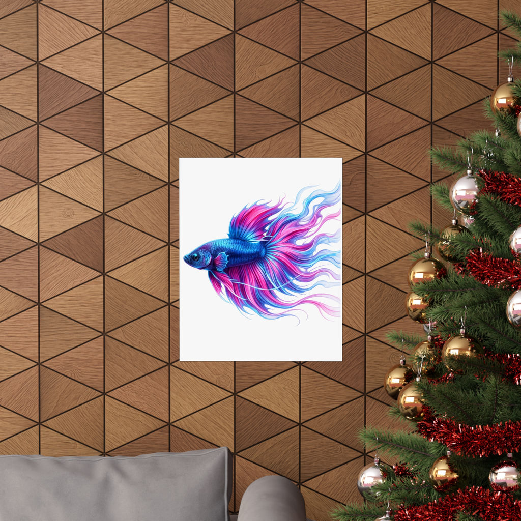 Betta Fish Art Poster — Colorful Blue & Pink Matte Vertical Wall Print